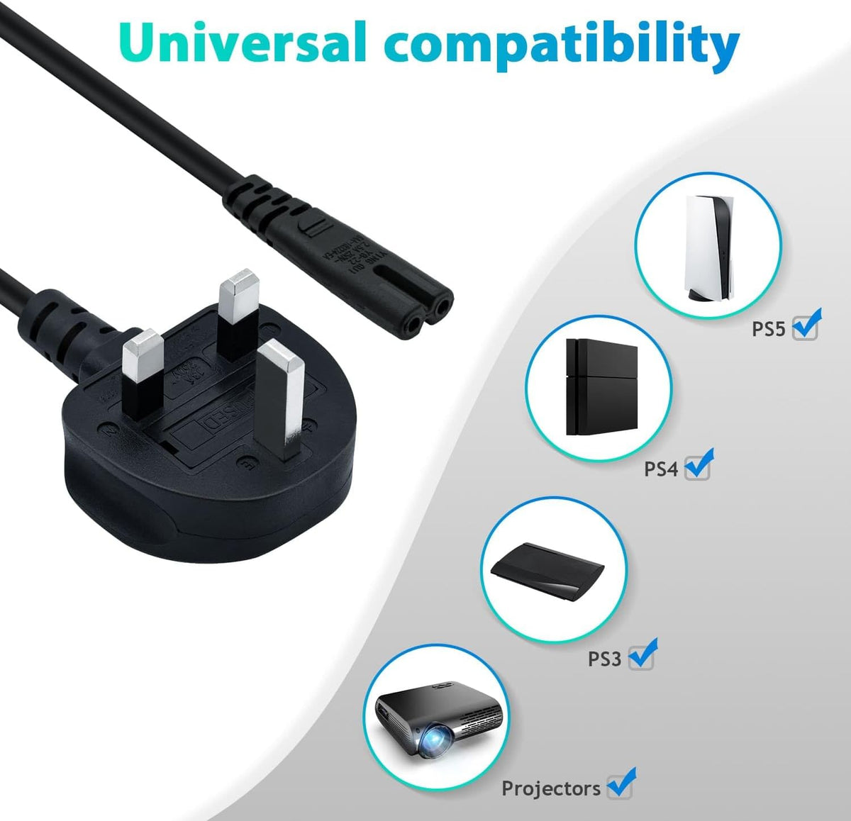 Mcbazel 3M UK Power Cable (IEC320C7 to BS 1363) C7 Figure 8 Power Lead,PS4 Power Cable,Kettle Lead/Power Cord compatible with Samsung LG Philips Toshiba TV/Printer/PS4/PS3/PS5