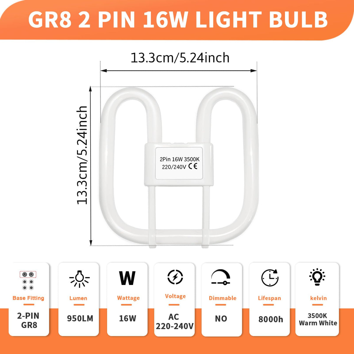 Akynite 16W 2D Square 2-Pin GR8 Cap Daylight White 6500k Compact Fluorescent Lamp, AC 230V, CFL 2 Pin Light Bulb, not dimmable, GR8 DD Flat Butterfly Bulb for Flush Ceiling Light, 1 Pack