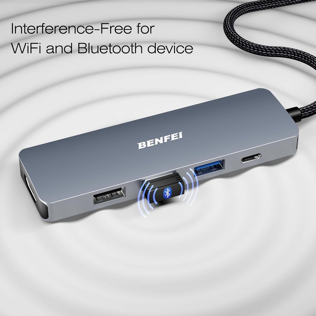 BENFEI USB-C Hub 5-in-1 with 4K HDMI, 3 USB-A 3.2 GEN2 10Gbps, 100W PD, Silicone Woven Cable, Aluminum Case, Compatible with MacBook, iPad, iPhone 15/16 Series