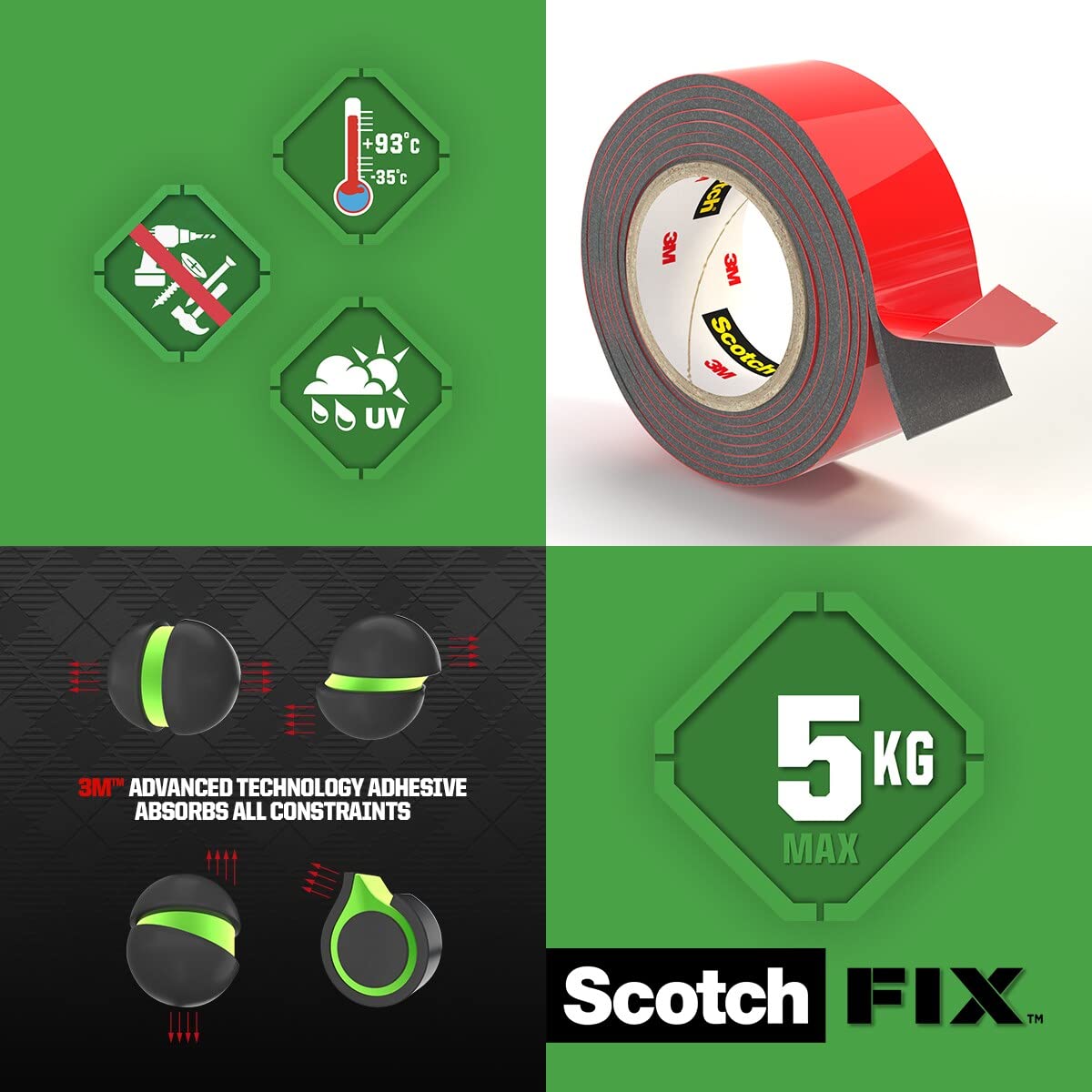 Scotch-Fix Double-Sided Extreme Exterior Mounting Tape, 19mm x 1,5m - For Outdoor Extreme Use, Weather Resistant, Permanent Tape, 100% Adhesive, 3M Advanced Technology - Holds up to 10kg