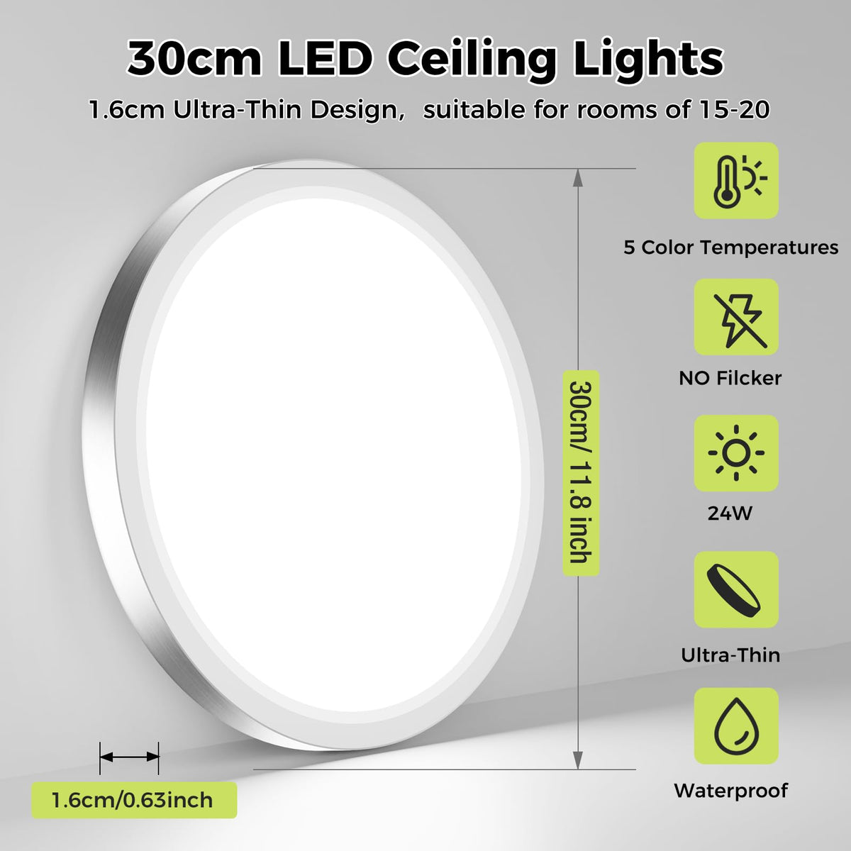 hepside 2 Pack Bathroom Ceiling Light 30cm, 3000K/3500K/4000K/5000K/6500K 5CCT LED Ceiling Lights, 24W, Modern, Waterproof, Round Flush Mount for Bathroom, Kitchen, Bedroom, Hallway