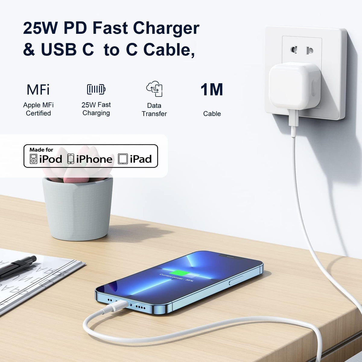 iPad Charger,New Apple iPad USB C Fast Charger Cable and Plug 25W Charge for i Pad Pro 12.9 11 13 inch 4th 5th 6th M4 2024 Generation/Air 10.9" 4-7 Gen M2 M3/Mini 6 A17 Pro/Pad 10th A16 11th 2025-2022