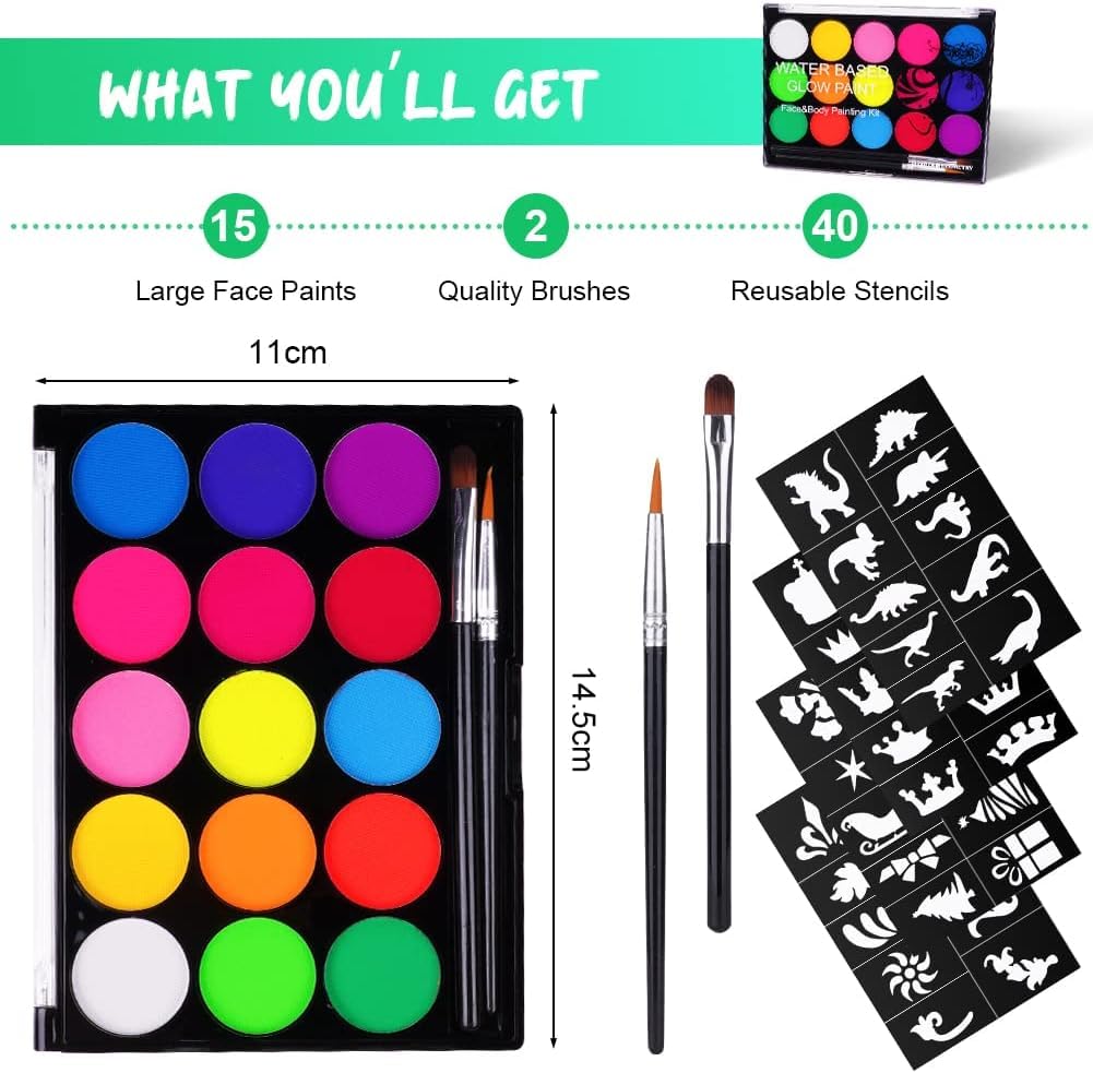 URAQT Face Paint Kit, 15 Color Face & 15 Color Neon Ultraviolet Painting with 2 Brushes 80 Stencils, Washable Safe Body Paint for Adults Kids Halloween Party Carnival, Makeup Paint Non-Toxic to Use