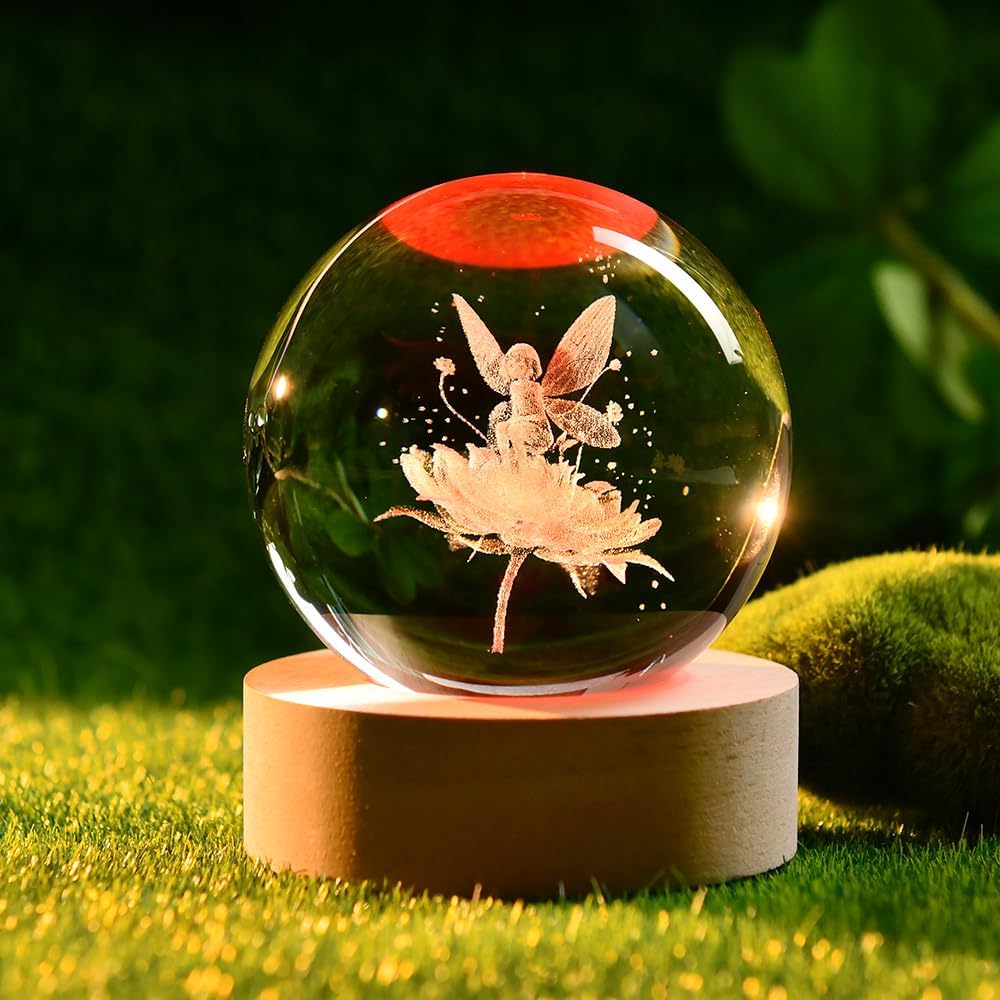 3D Fairy Crystal Ball 60mm Glass Fairy with Flower Night Light Gifts for Girl Women with Light Base