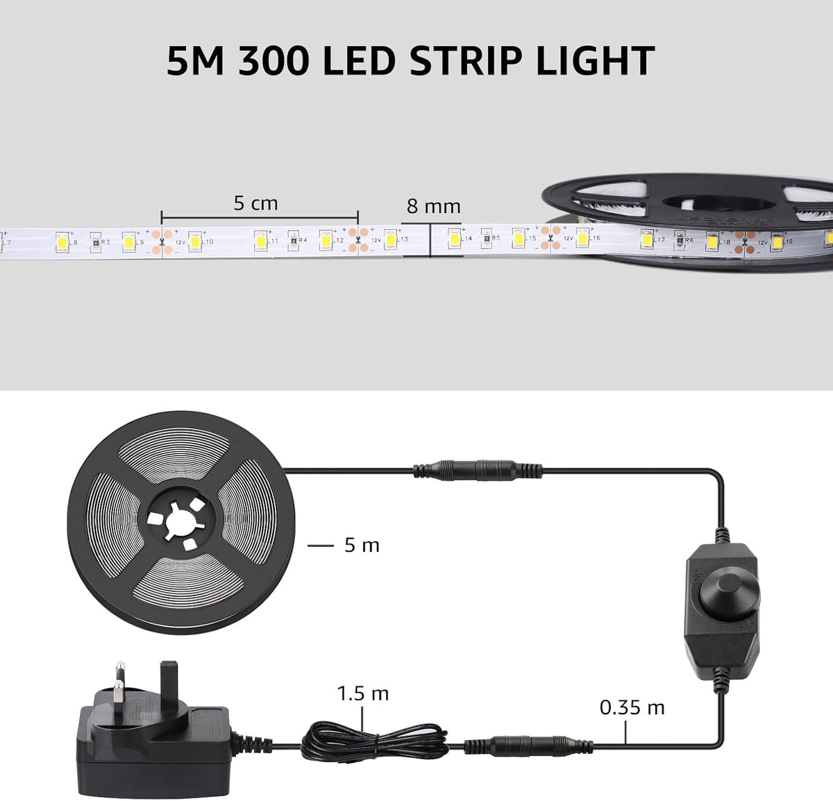Lepro 5M LED Strip Light, Cool White 6000K, 1650LM 15W, Dimmable, Stick on