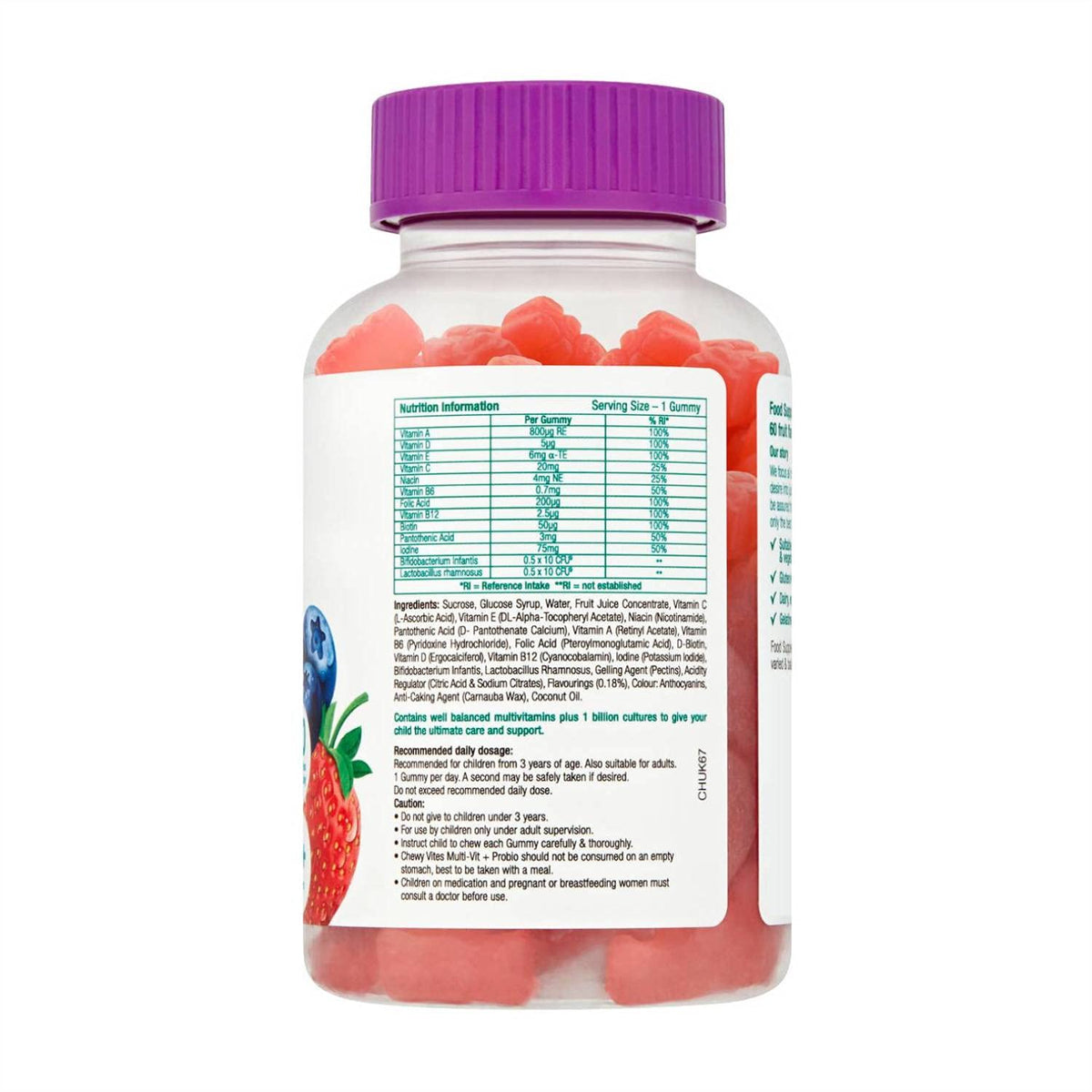 Chewy Vites Kids Multivitamin Advance, 60 Kids Vitamins Gummies, 11 Essential Nutrients, 2 Months Supply, Real Fruit Juice, Vegan, Age 3 +, Blueberry and Raspberry Flavour