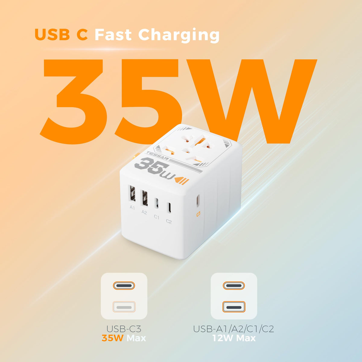 TESSAN Universal Travel Adapter, 28W Worldwide Plug with 2 USBA and 3 USBC