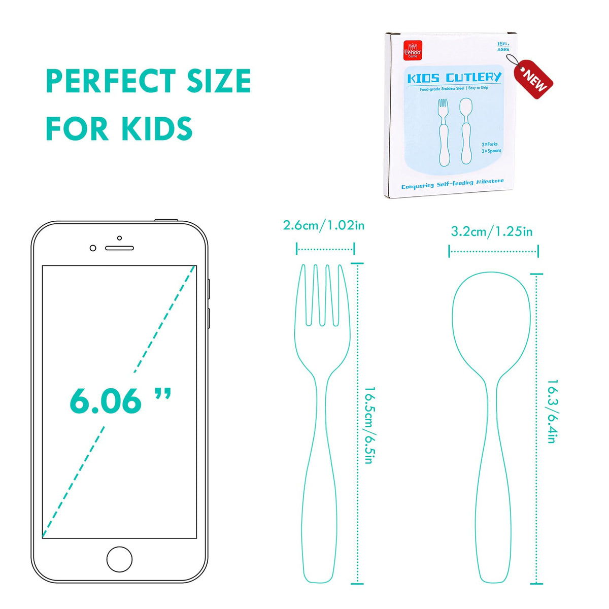 Lehoo Castle Stainless Steel Toddler Cutlery Set, 6-Piece Dinosaur Design