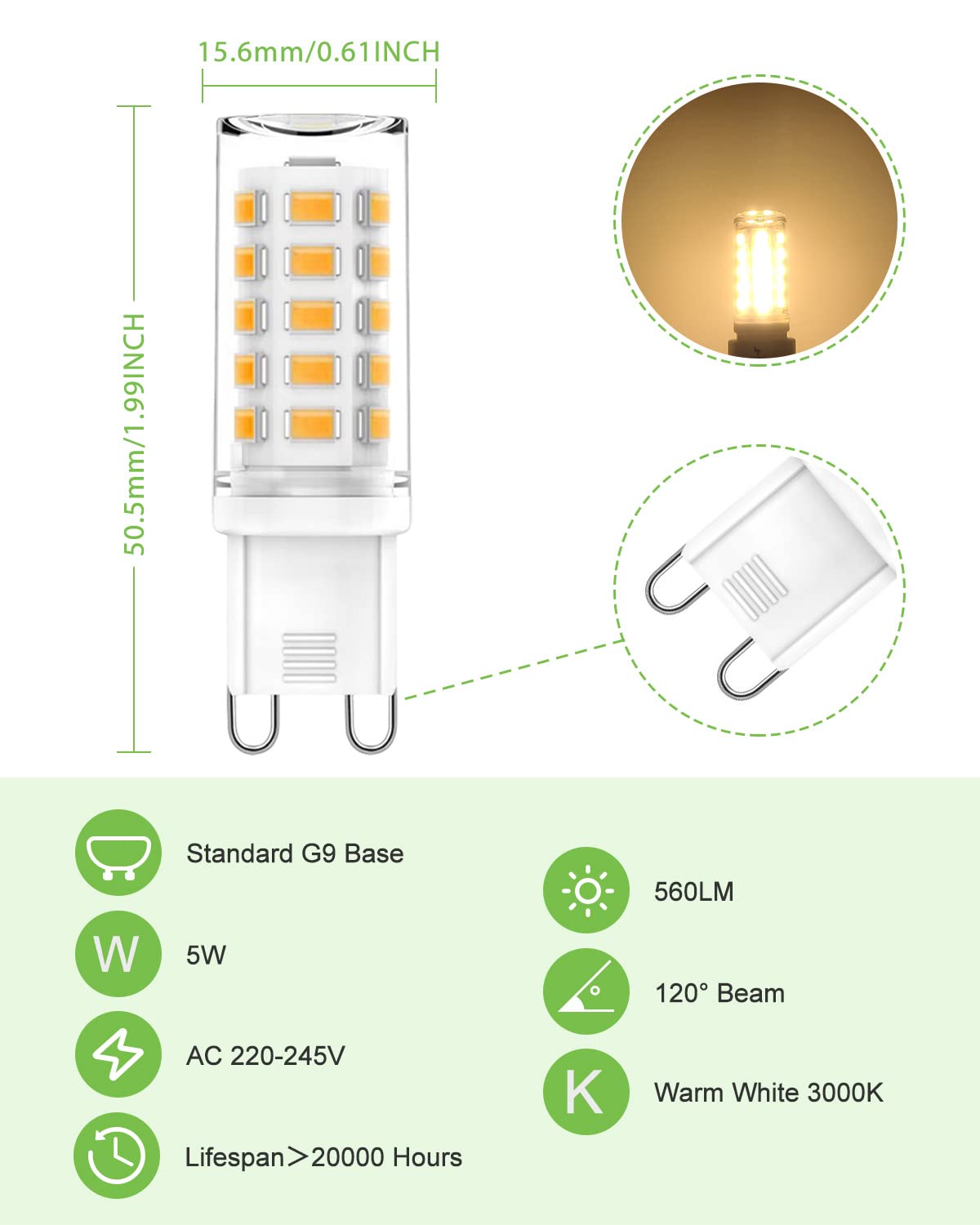 tuare G9 LED Bulbs Dimmable, 3000K G9 LED Bulbs Warm White Dimmable, 5W 560LM G9 LED, Energy Saving G9 LED Bulb Equivalent to 40W Halogen Bulb, No Flicker AC 220-240V for Chandelier, 6 Counts