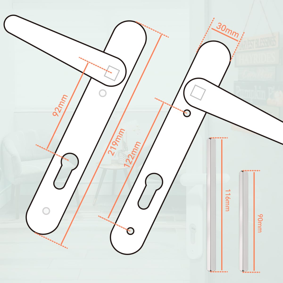 Bwintech 1 Set Black UPVC Door Handle Set, 92mm Backset,122mm Screw Hole Distance, 210mm Plate Length Front Door Handles for UPVC Door
