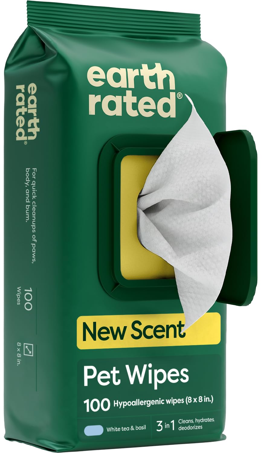 Earth Rated Pet Wipes for Dogs, Hypoallergenic, Cleaning and Hydrating, for Grooming Paws, Body and Bums, Unscented, 100 Count