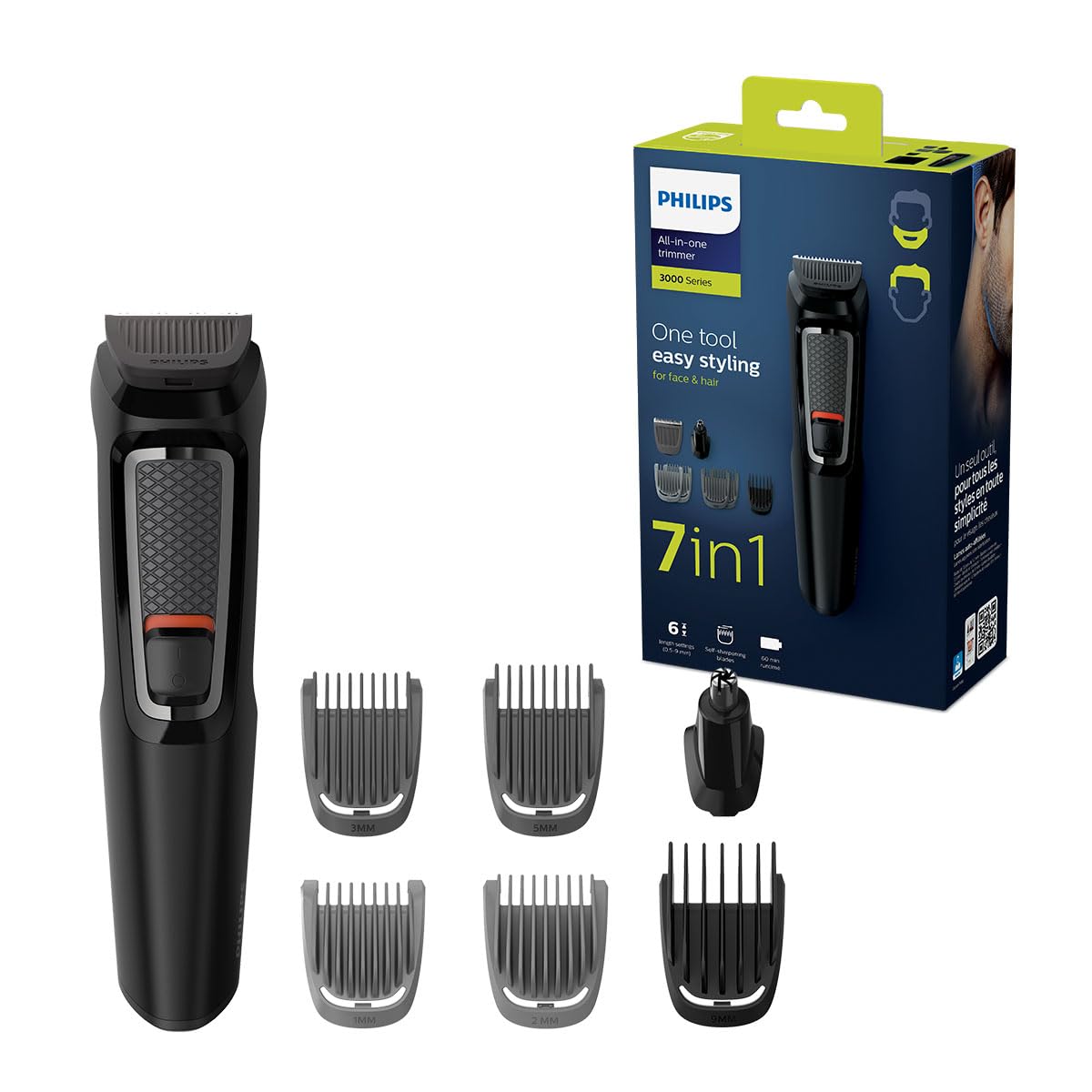 Philips Multigroom 3000 Series All-in-One 7-Piece Trimmer - Shaver and Clipper for Beard and Hair, Self-Sharpening Skin-Friendly Blades, 10 Length Settings, Model MG3930/15