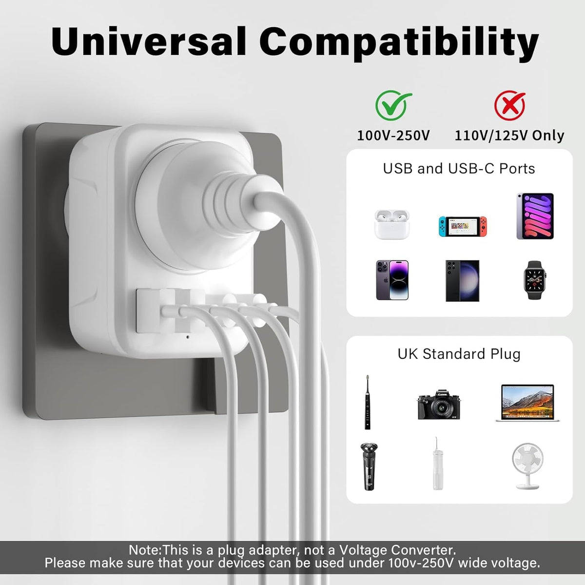 UK To European Plug Adapter,5 IN 1 European Travel Adaptor with 2 USB C & 2 USB A,Grounded EU Plug Adapter for Germany Spain France Turkey Greece etc (Type E/F)