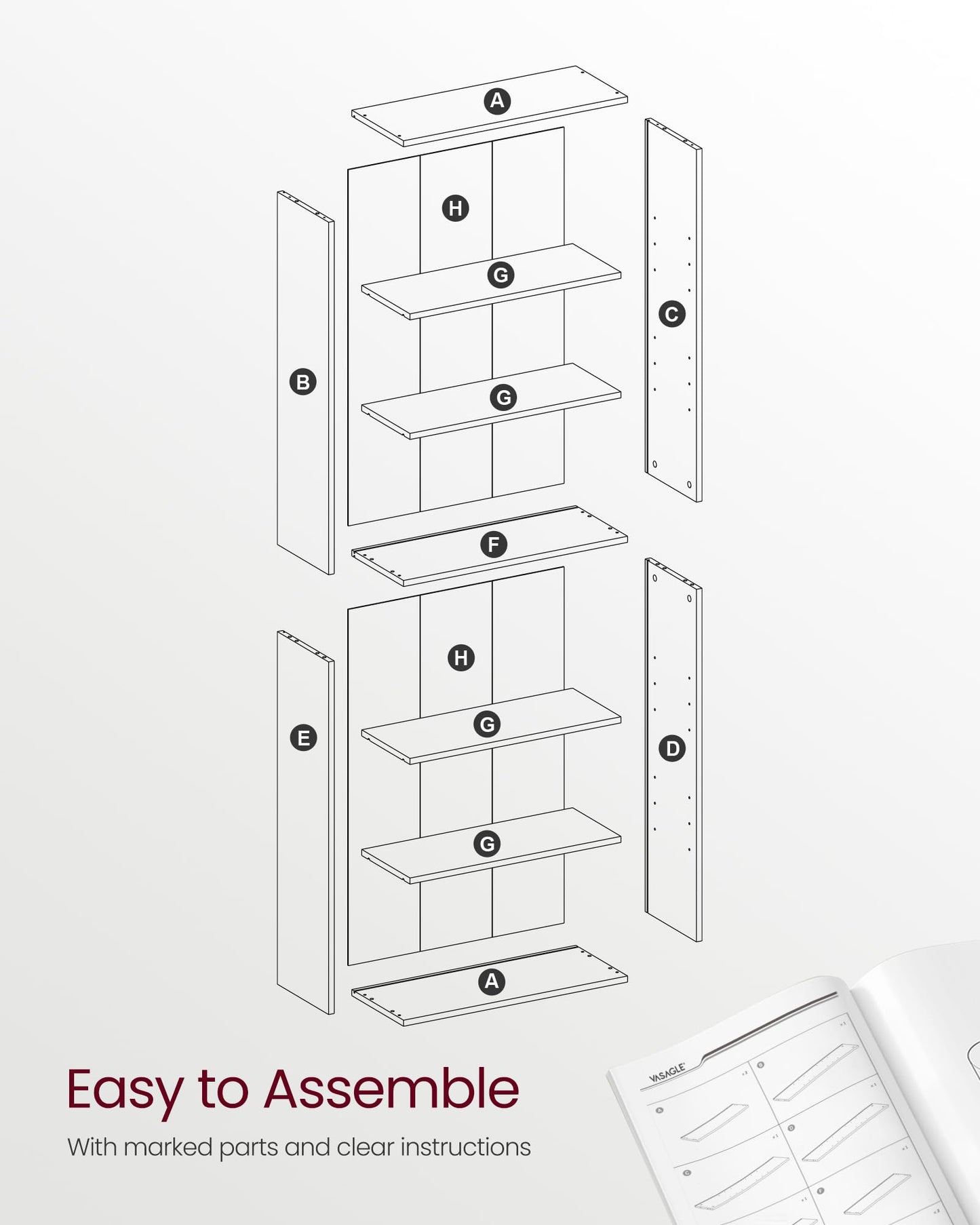 VASAGLE Bookcase, 6-Tier Bookshelf, Open Storage Shelf, Shelving Unit, 24 x 60 x 178.5 cm, for Living Room, Home Office, Dinning Room, Cloud White LBC169T14