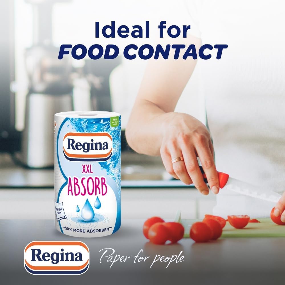 Regina Absorb Plus Kitchen Towels – 8 Super Absorbent 2-ply Kitchen Rolls, 85 Sheets Per Roll, Extra-Large Sheets, 50 Percent More Absorbent Than Previous XXL Products, Easy Open Pack