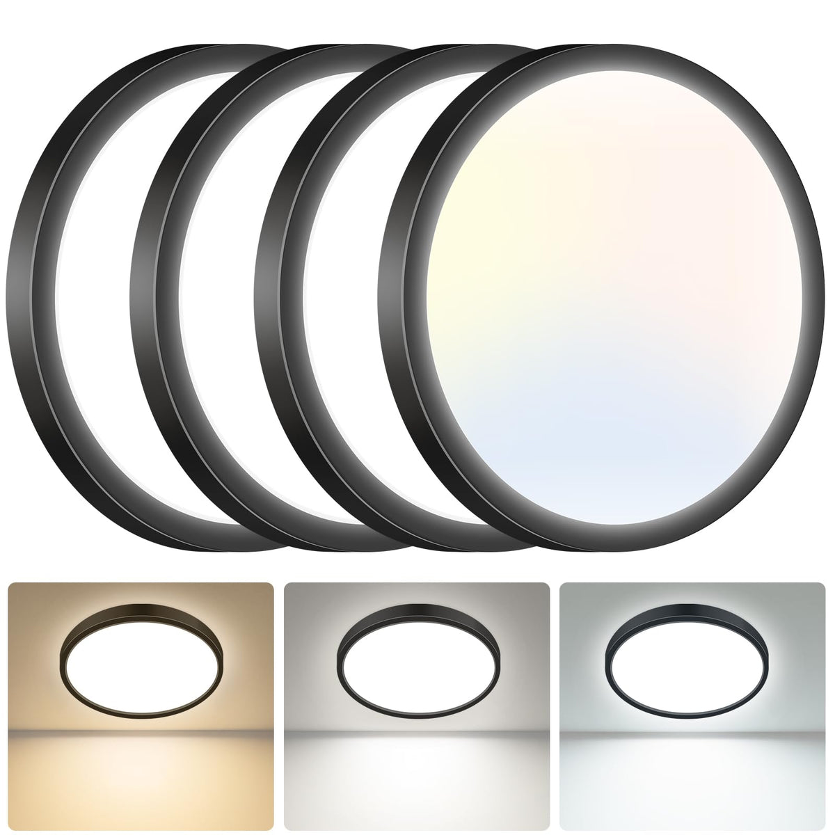 hepside Bathroom Light, 3000K/4000K/6500K 3 Color Temperature LED Ceiling Light, 15W 1500LM, Waterproof, Round, Small, Modern, Flush Ceiling Light for Bathroom, Kitchen, Bedroom, Black