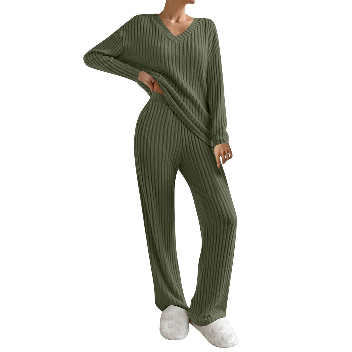 Lounge Wear Sets For Women Uk Womens Pyjamas Set Ladies Pyjamas Two Piece Outfit Fleece Tracksuits V-Neck Long Sleeve Jumpers And Wide Leg Trousers With Pockets Sleepwear Plain Casual Homewear