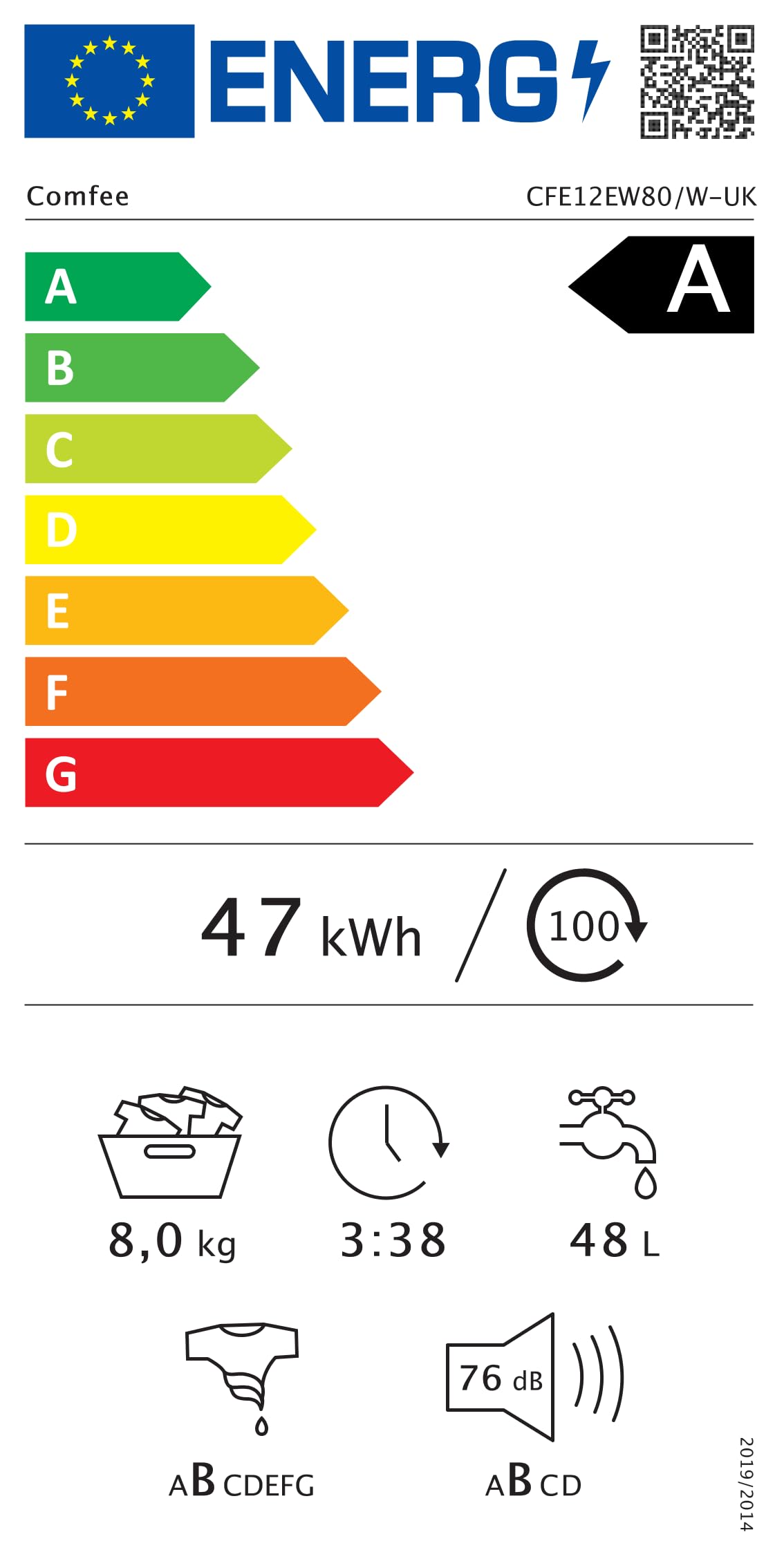 COMFEE' 9kg Washing Machine Energy Class A 1400rpm BLDC Motor Slim White