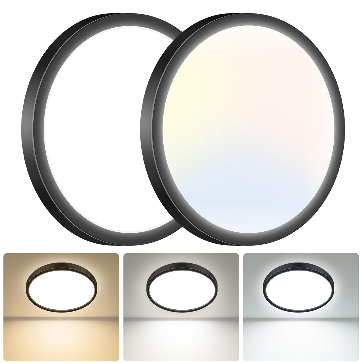 hepside Bathroom Light, 3000K/4000K/6500K 3 Color Temperature LED Ceiling Light, 15W 1500LM, Waterproof, Round, Small, Modern, Flush Ceiling Light for Bathroom, Kitchen, Bedroom, Black