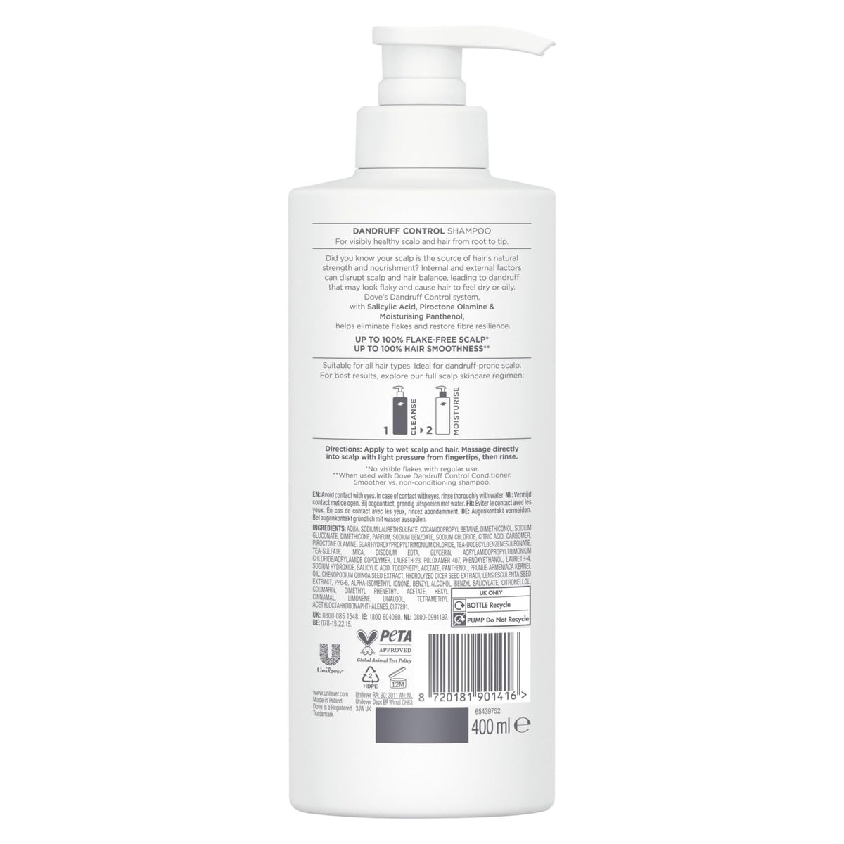 Dove Scalp + Hair Therapy Dandruff Control Shampoo hair care with Salicylic Acid, Piroctone and Panthenol for up to 100% flake-free scalp* 400 ml