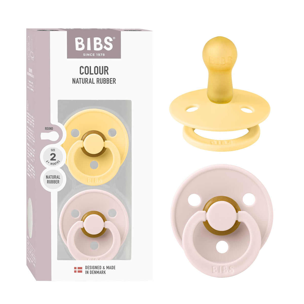 BIBS Colour Soother 2-Pack, BPA Free Dummy Pacifier, Round Nipple. Natural Rubber Latex, Made in Denmark, Size 2 (6-18 Months), Baby Blue