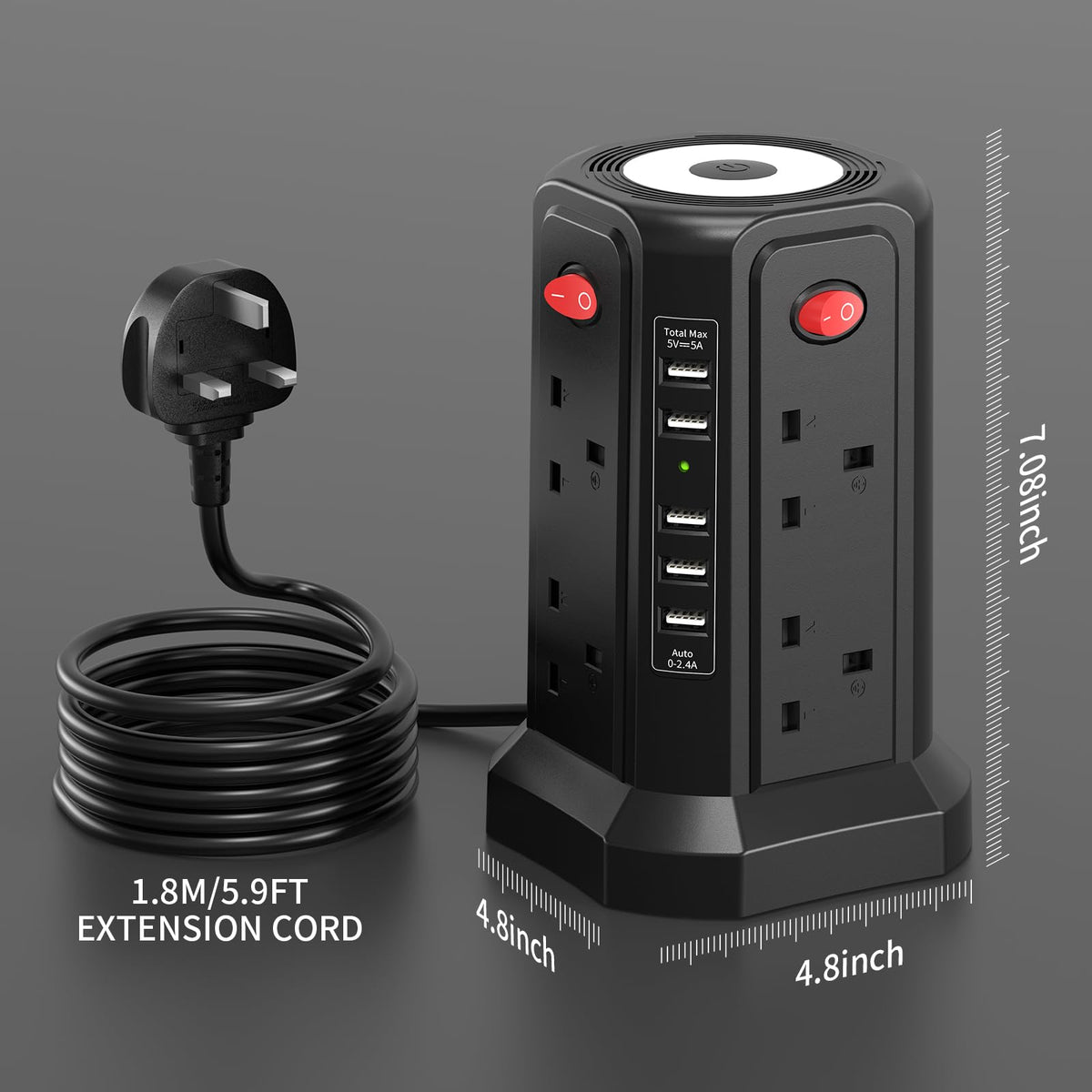 HAFINO Tower Extension Lead 3M with USB Slots and Night Light, 4 Switches