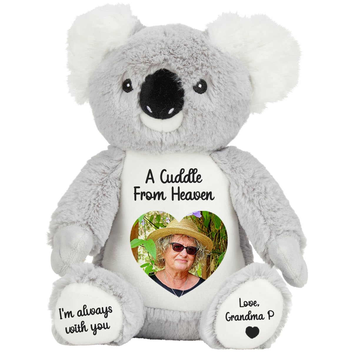 Personalised Memory Teddy Bear with Heart-Shaped Photo – “A Cuddle From Heaven” Keepsake Gift – 28 Bear Styles – Add Your Text & Choose Colour – Custom Memorial Bear (White Angel Teddy)
