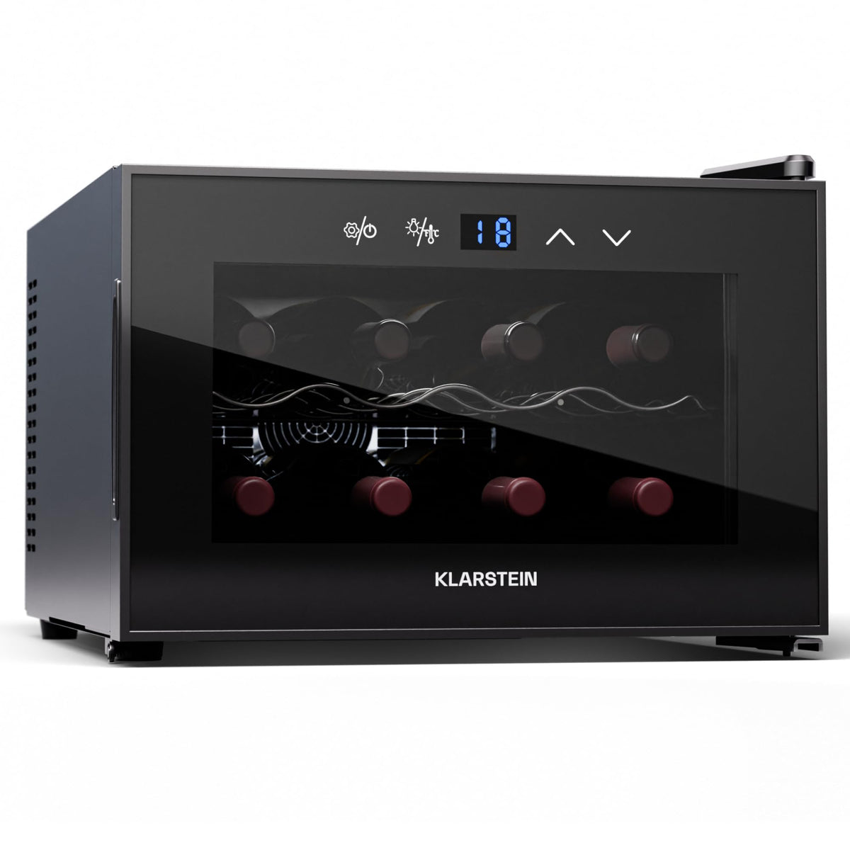 KLARSTEIN Shiraz Wine Cooler Black – 8 Bottles, 1 Zone | Freestanding Wine Fridge with Glass Door, Quiet, 5–18 °C, LED, Stainless Steel Frame