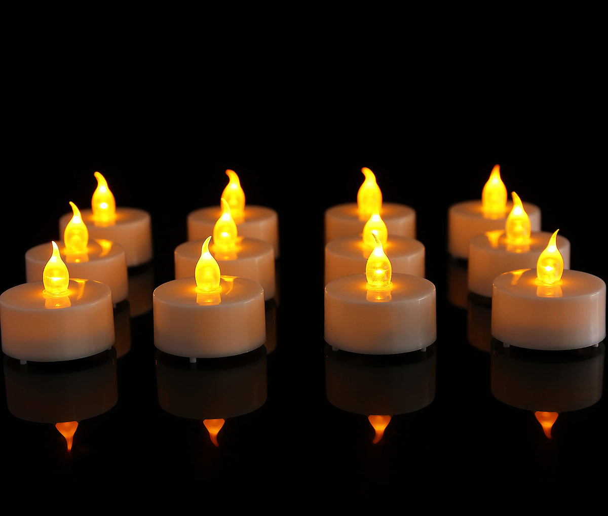 Jialine12 Pack Realistic and Bright Flickering Battery Operated Flameless LED Tea Lights Candles, 200+ tealights Electric Fake Candles for Halloween Weddings Festivals Decoration in Warm Yellow