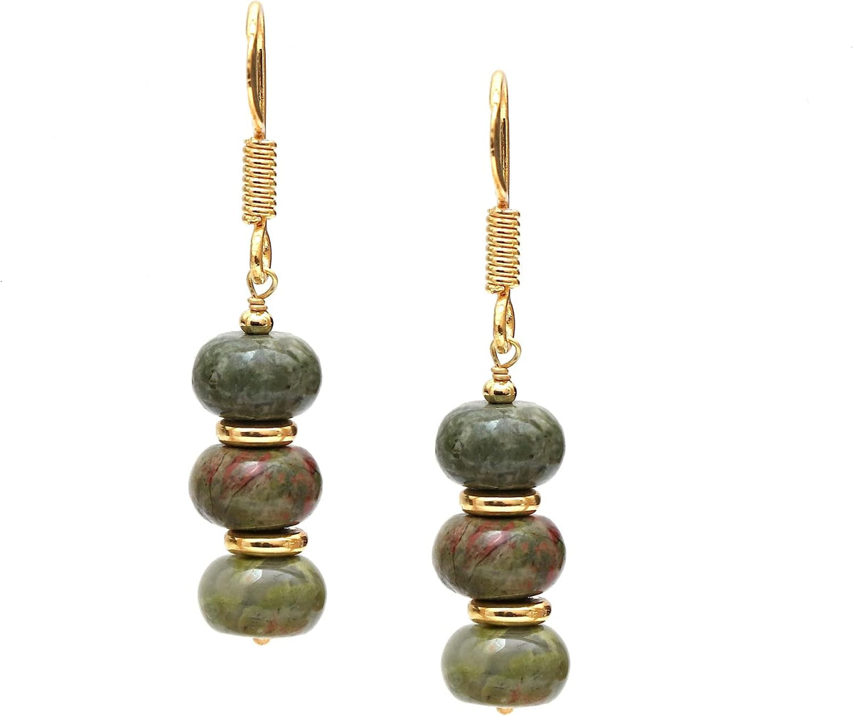 Gempires Natural Gemstone Rondelle Bead Earrings for Women | 8mm Beaded Drop Dangle Earrings | Gold Plated Hypoallergenic Hook Jewelry | Handmade Lightweight Crystal Earrings