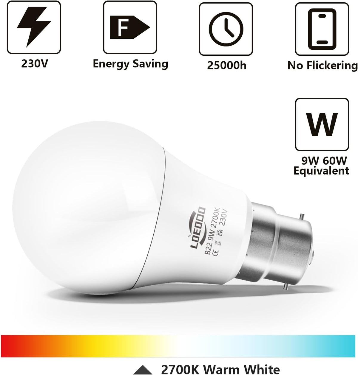 B22 Bayonet Light Bulb 9W=60W, 6000K Cool White, 806LM, Pack of 6