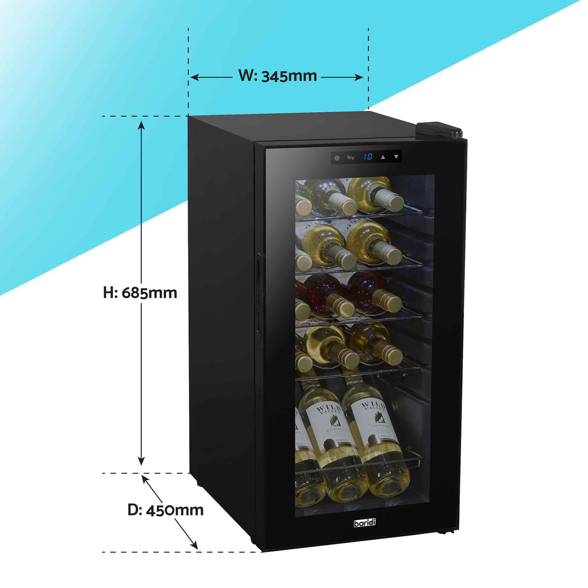 Dellonda Baridi 12 Bottle Wine Fridge with Digital Touch Screen Controls, Metal Shelves & LED Light, Black - DH73