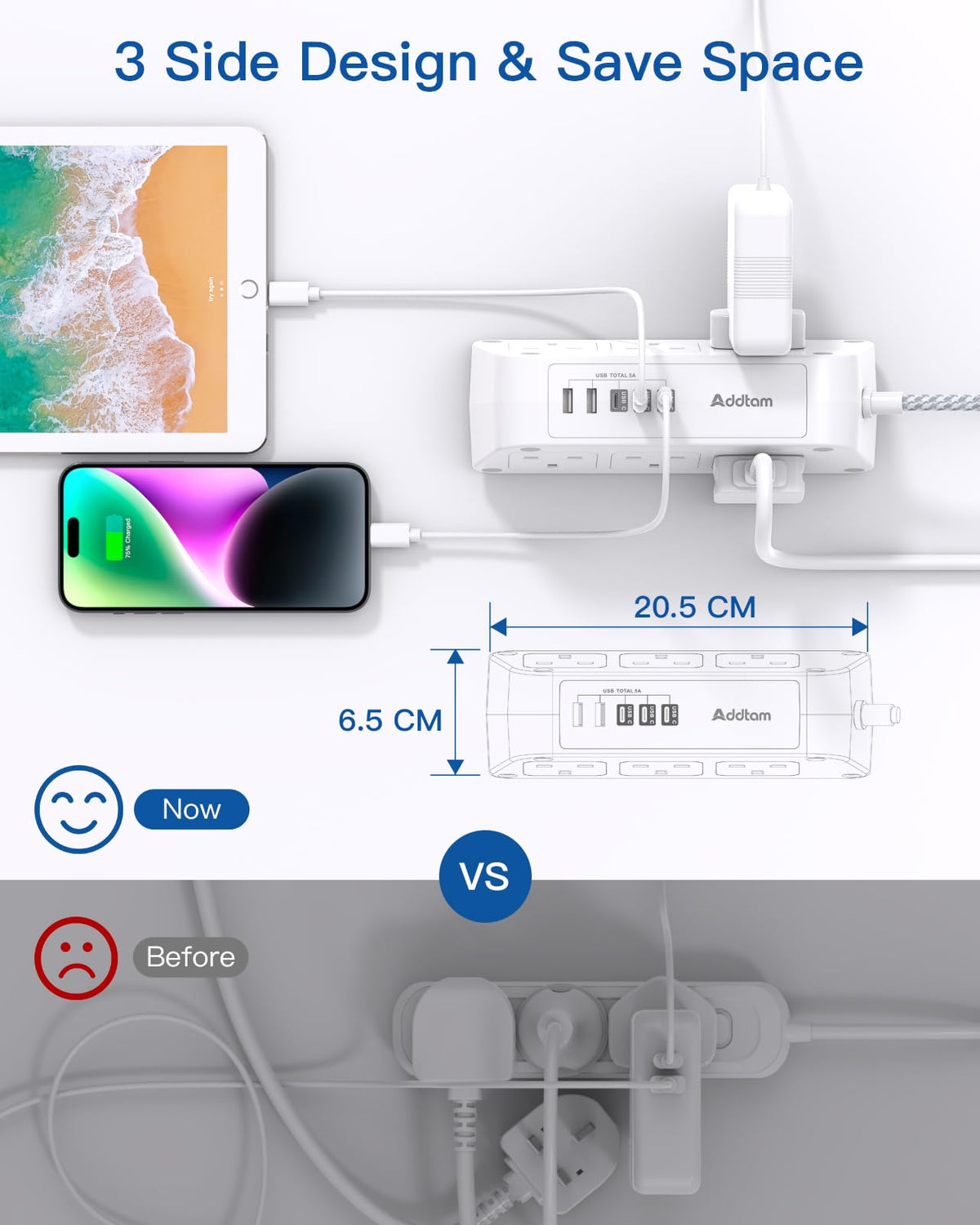 Addtam Extension Lead with USB Slots, 6 Way Outlets 5 USB(5A, 3USB- C Port)