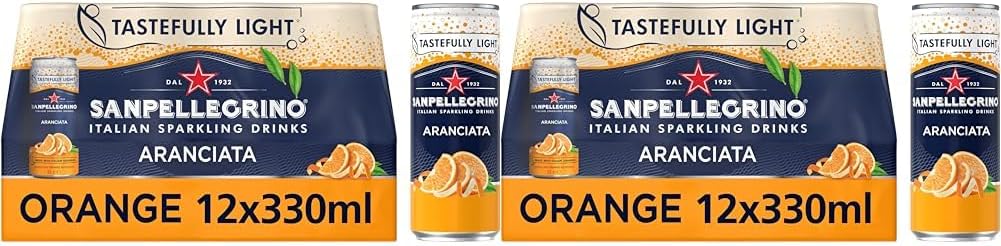 San Pellegrino Italian Sparkling Drinks Tastefully Light Sparkling Orange Canned Soft Drink 12 x 330ml | 64k Cals per Can (Pack of 2)