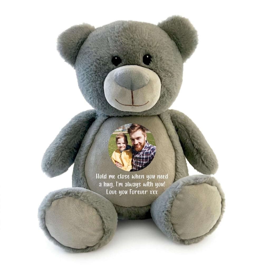 Large Personalised Photo Ashes Keepsake Memory Teddy Bear - Grey | Metal Heart Shaped Tin Ashes Urn | Bereavement Memorial Keepsake | Custom Photo & Message | Sympathy Gift | 42cm Tall