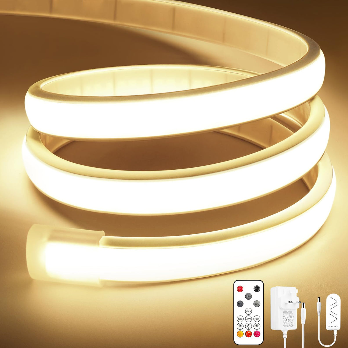 Lamomo COB LED Strip Light 5M, White Dimmable Neon Rope with Remote
