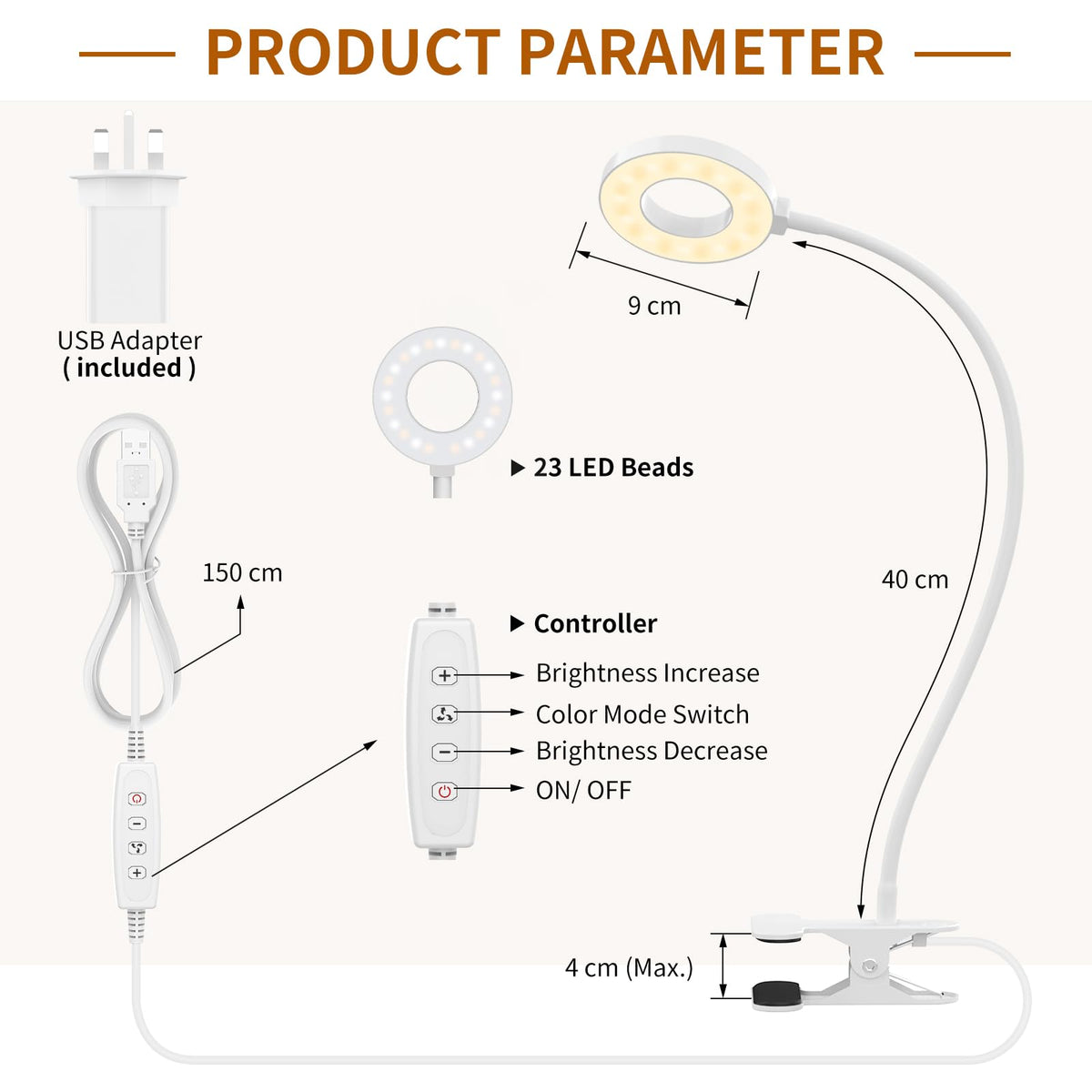 iZELL LED Desk Lamp -【3 Color Modes & 10 Brightness】 Eye Caring Clip on Clamp Light with 70cm Flexible Arm, Book Ring Light with Plug for Home Office, Kids, Reading, Clip on Table, Headboard