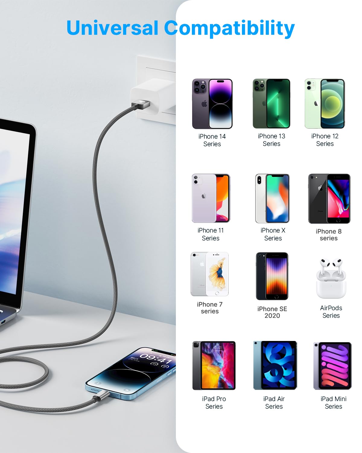 3Pack 2M iPhone Charger Cable, Long iPhone Charging Cable MFi Certified Lightning Cable Fast Charging Cord Braided i Phone Charger Lead USB Cord for Phone 14 13 12 11 Pro Max XS XR 8 7 6 SE, iPad