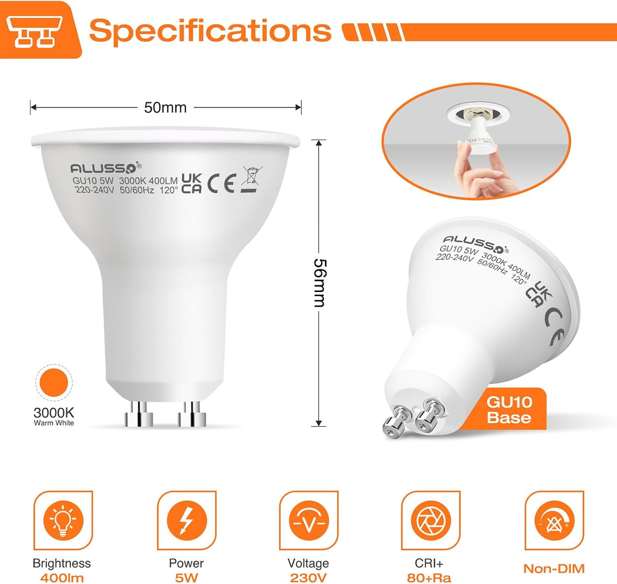 ALUSSO 5W GU10 LED Bulbs Warm White 3000K, 400LM Brightness Pack of 4