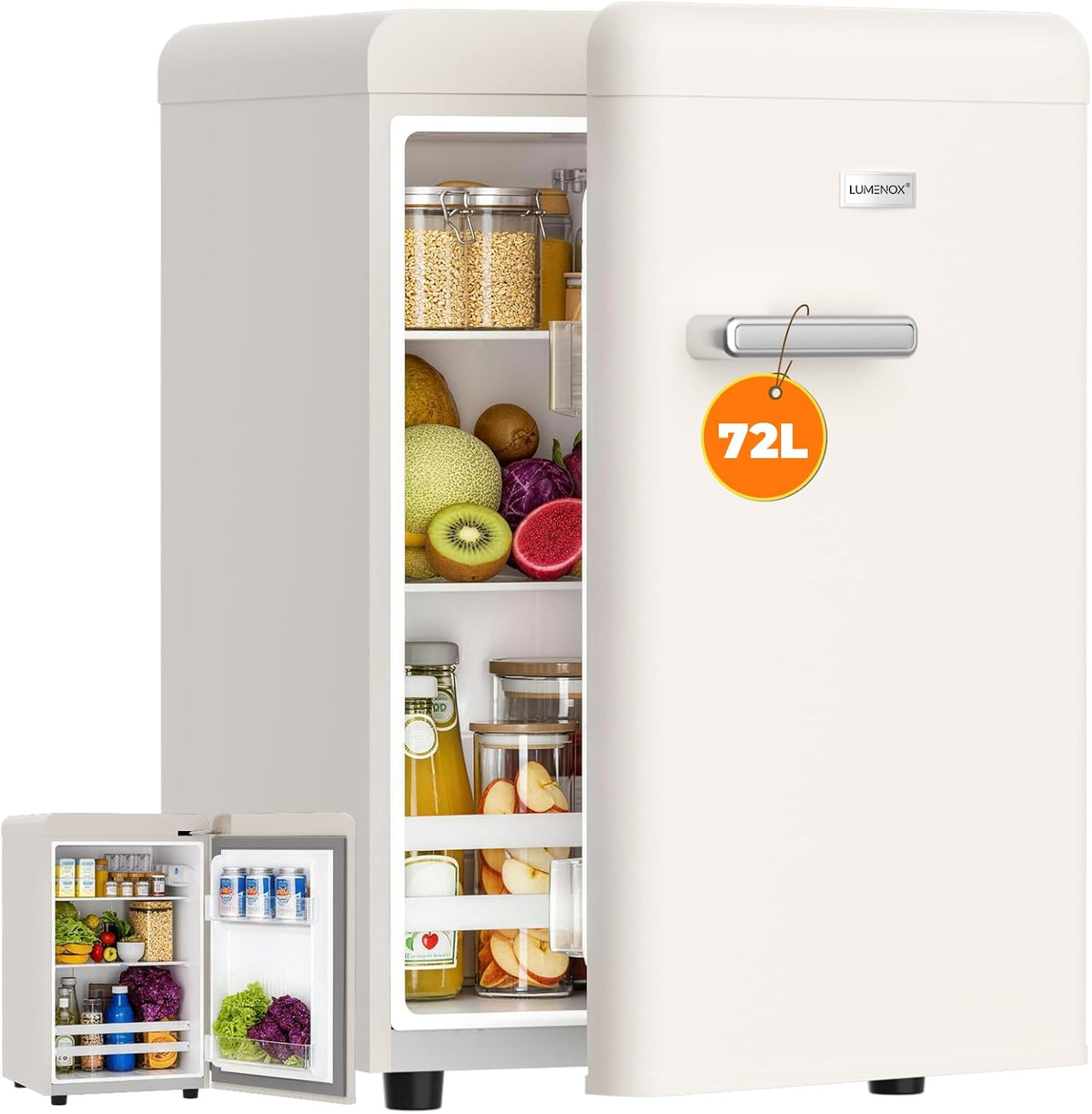 Retro Mini Fridge, 72L Compact Refrigerator, 43dB Quiet Operation, Adjustable 7-Temp Control, with LED Light, for Bedroom, Office, Kitchen & RV