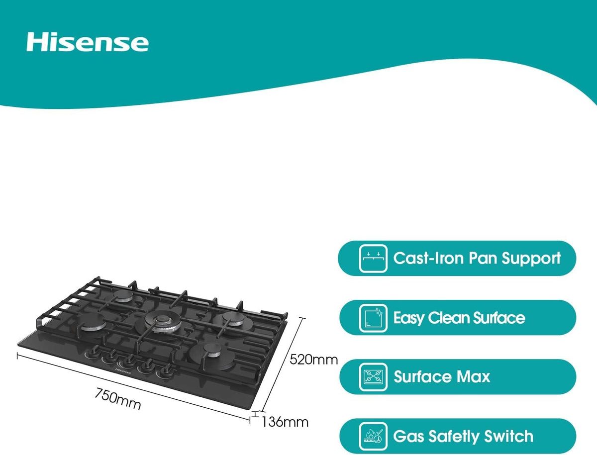 Hisense GM642XHS Built-in 60cm Gas Hob - Stainless Steel with 4 Cooking Areas, Easy Clean Surface, One -Hand Ignition, 60 x 52 x 8.9 cm (L x W x H)