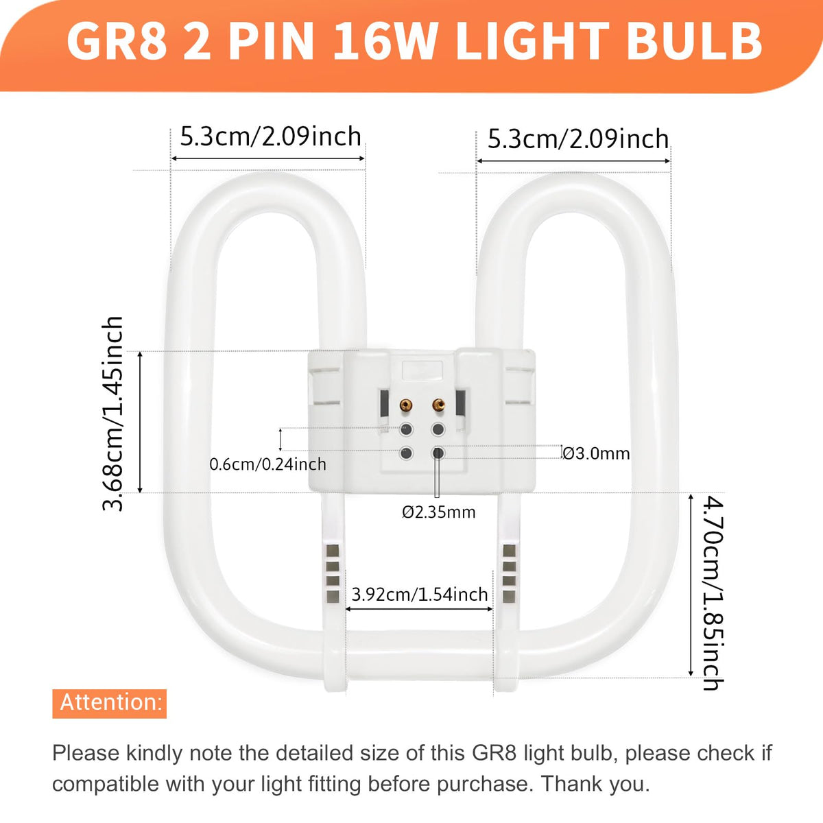 Akynite 16W 2D Square 2-Pin GR8 Cap Daylight White 6500k Compact Fluorescent Lamp, AC 230V, CFL 2 Pin Light Bulb, not dimmable, GR8 DD Flat Butterfly Bulb for Flush Ceiling Light, 1 Pack