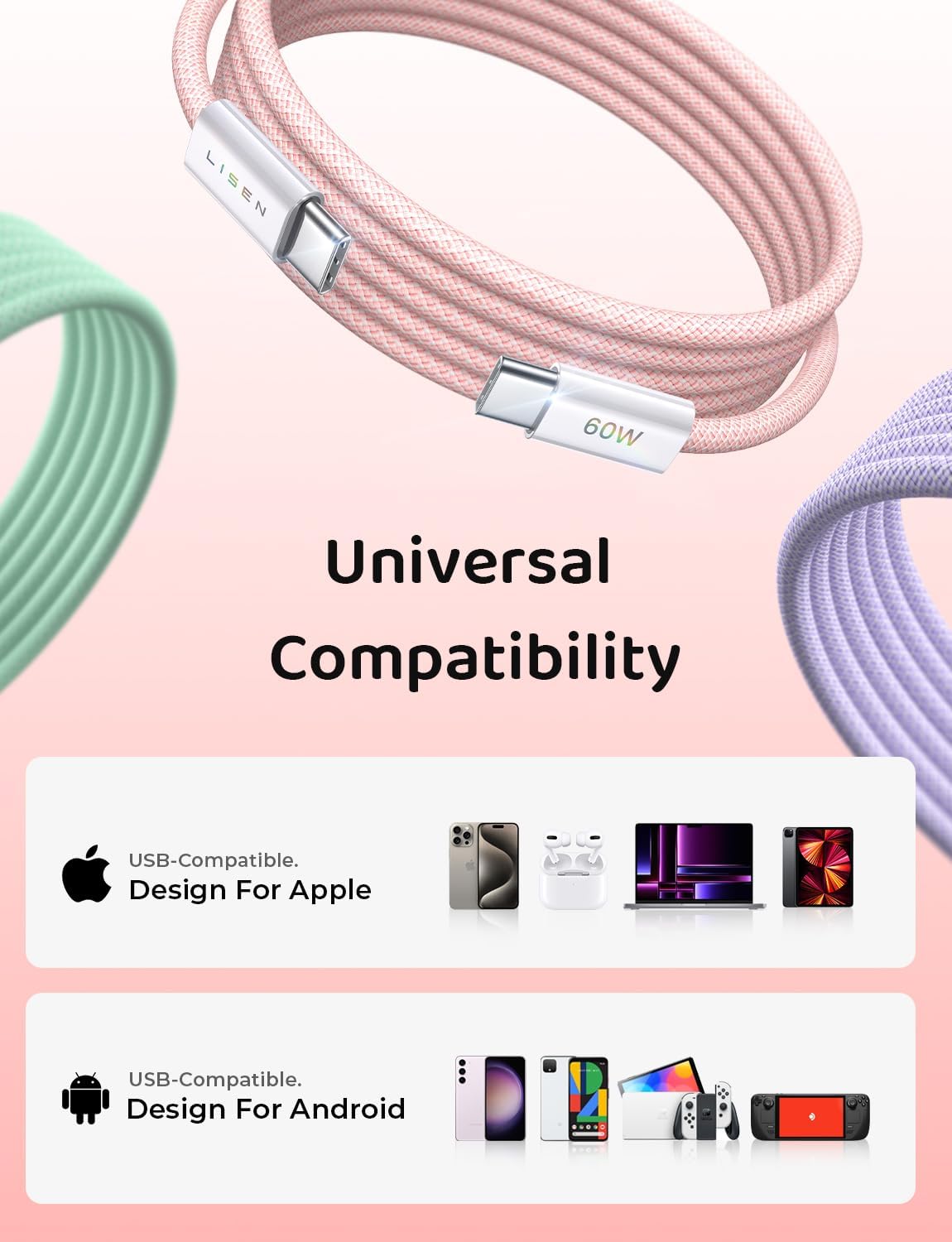 LISEN 60W for Samsung Type C 4-Pack [1M+1M+2M+2M] USB C Charger Cable for iPhone 15 Pro Max, iPad Pro/Air/Mini, Samsung S24, LG, Google Pixel