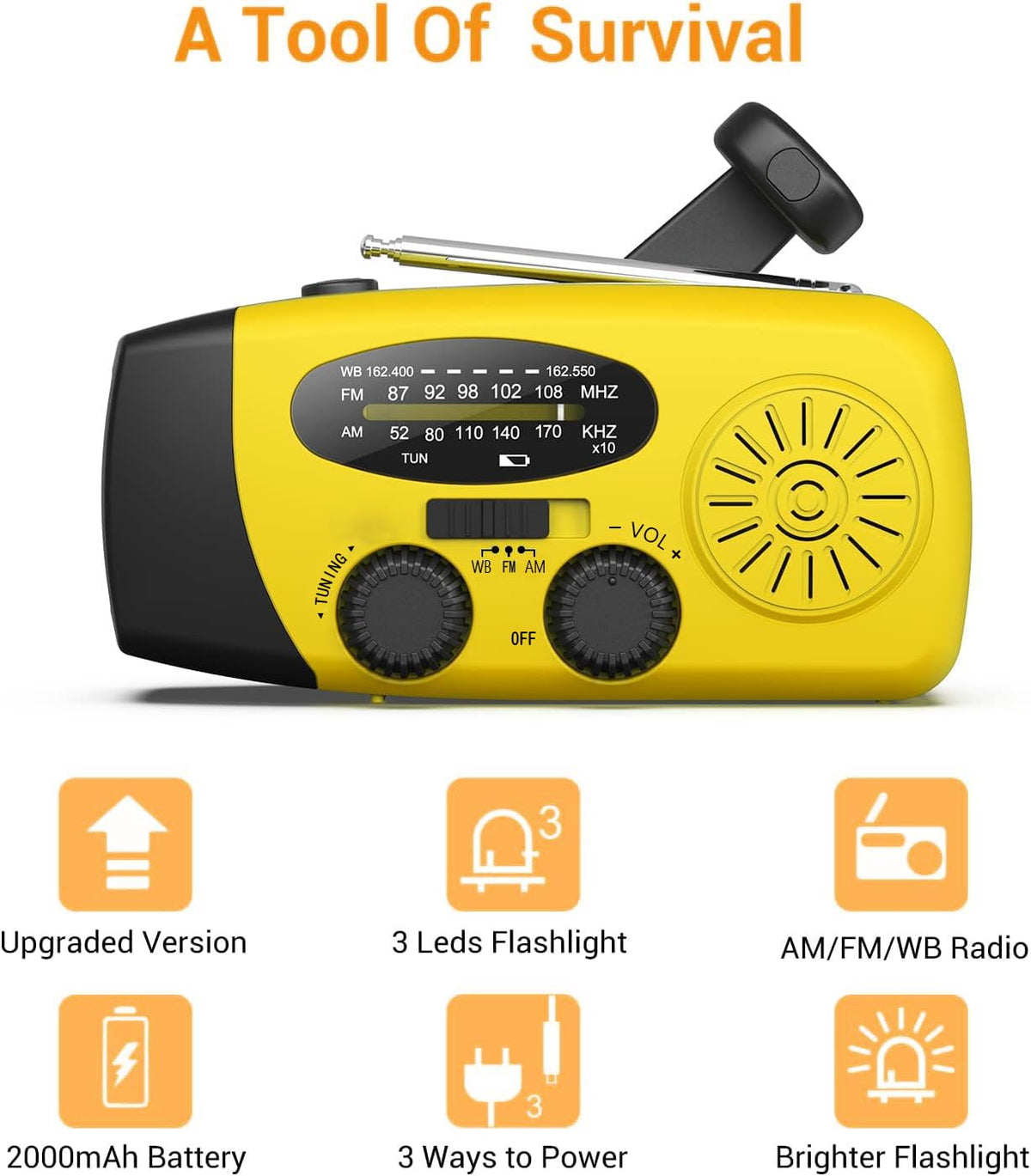 SOLARBABY Wind Up Solar Radio, Emergency Hand Crank Self Powered AM/FM Survival Solar Weather Radio with LED Flashlight,SOS Alarm,2000mAh Emergency Power Bank for Smart Phone (M-Orange)