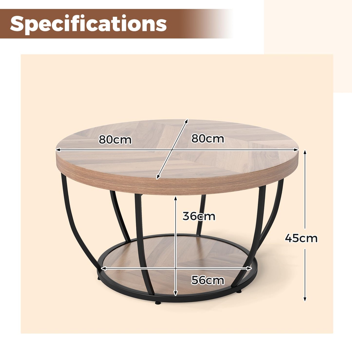 COSTWAY 2-Tier Round Coffee Table with Storage Shelf, Metal Frame Industrial Accent Cocktail Center Unit Sofa Side Tea Table for Living Room, Bedroom and Office, 80x80x45cm (Rustic Brown+Black)