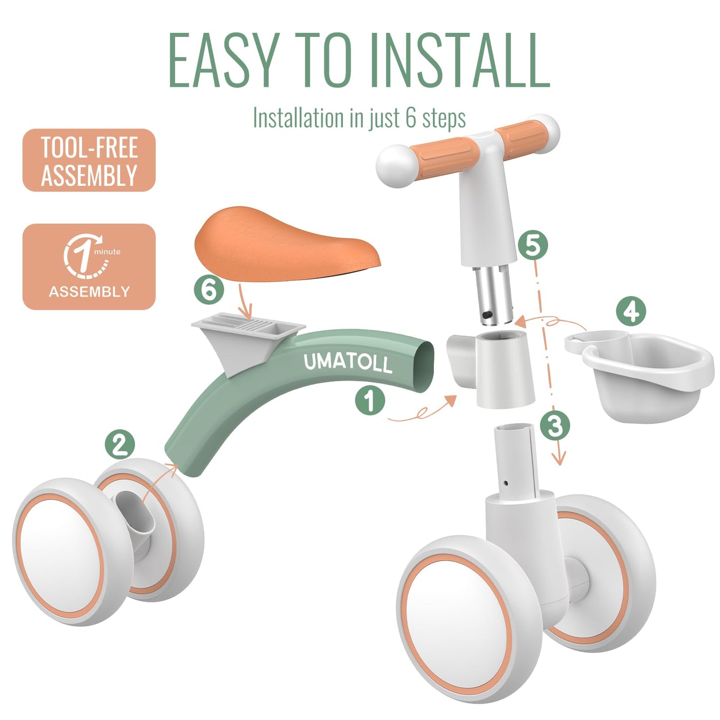 Umatoll Baby Balance Bike for 1 Year Old Boys Girls, 12-24 Months Toddler Balance Bike with Removable Basket, Adjustable Seat, 4 Wheels Infant Bike, First Birthday Gift