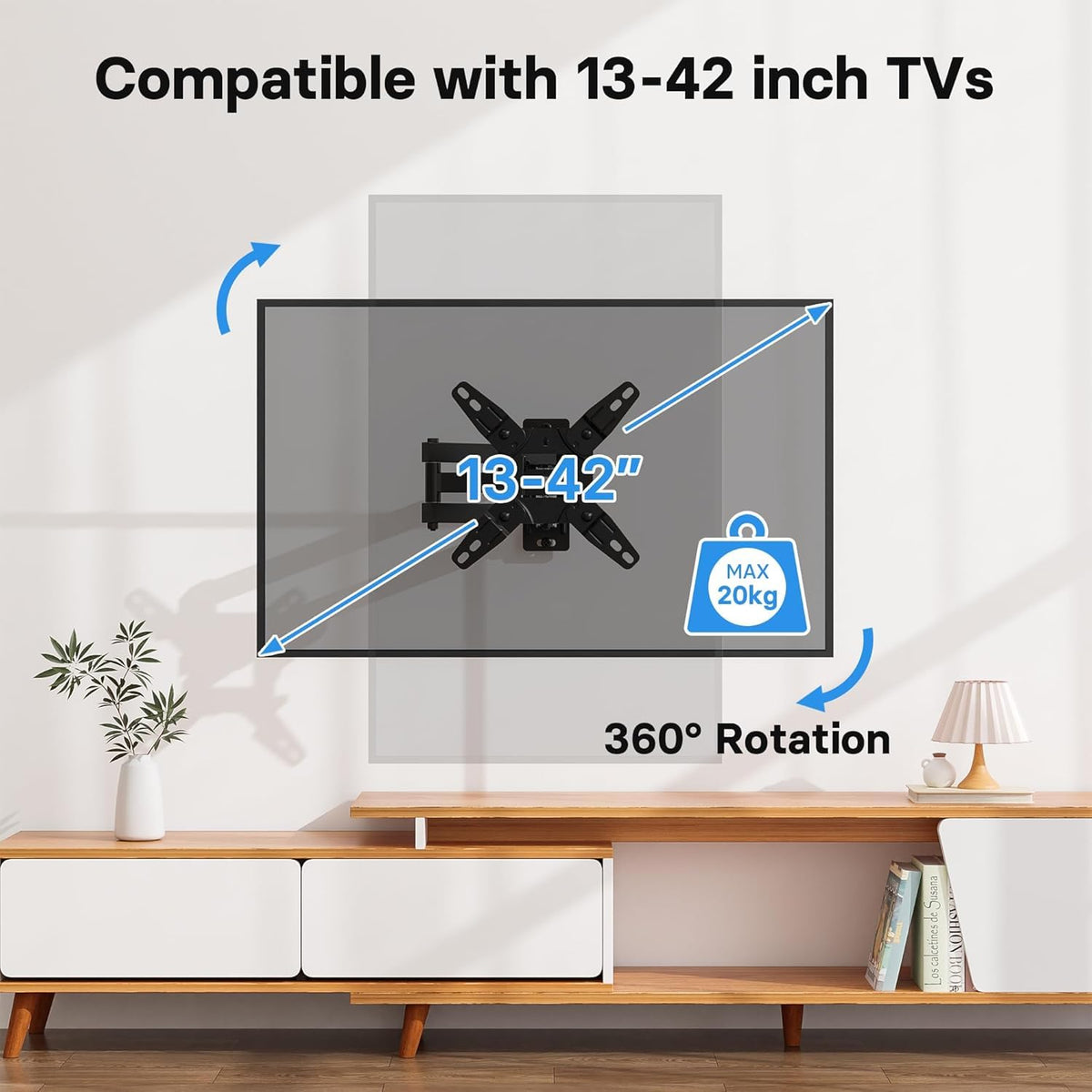 BONTEC TV Wall Bracket for Most 13-42 Inch TV, Adjustable TV Wall Mount, Tilt, Swivel, 360°Rotation, VESA 200x200mm up to 20kg, Universal TV Mount with Safety Screws, Bubble Level, Cable Ties Included