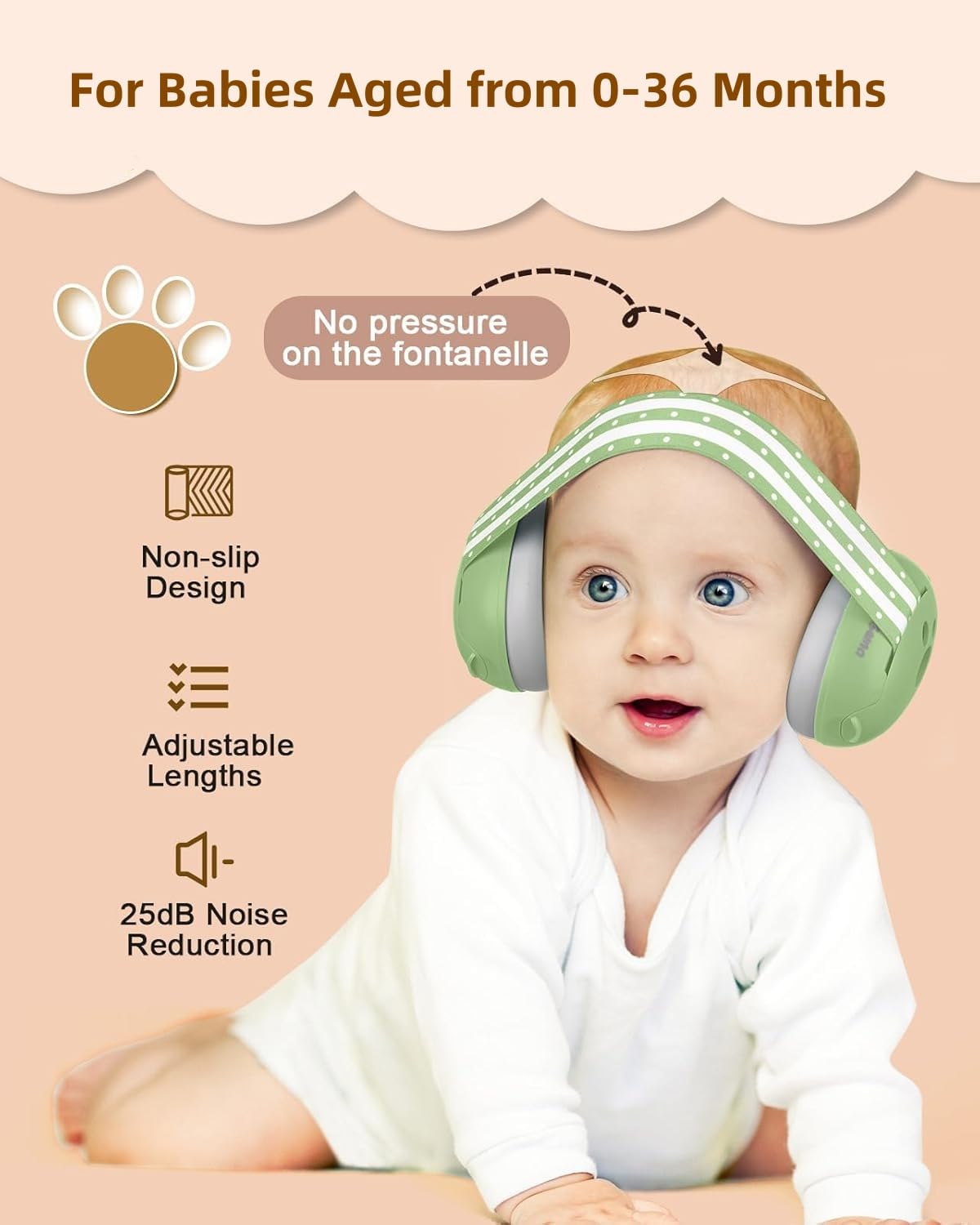 Baby Ear Defenders for 0-36 Months, Soft Adjustable with Noise‑Reduction