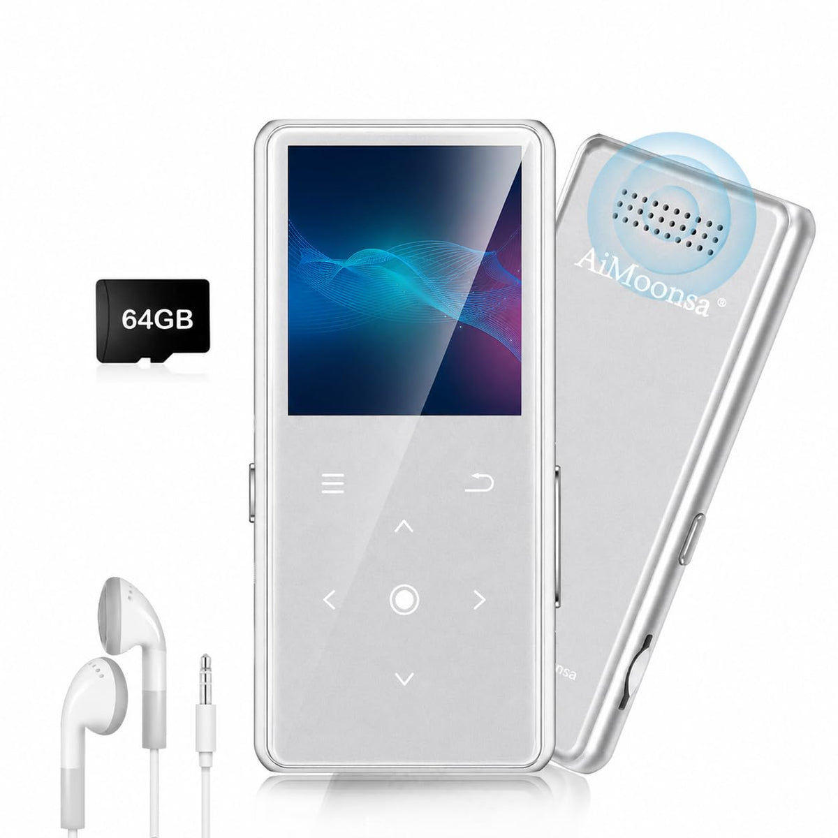 64GB MP3 Player with Bluetooth 5.2, AiMoonsa Music Player with Built-in HD Speaker, FM Radio, Voice Recorder, HiFi Sound, E-Book Function, Earphones Included