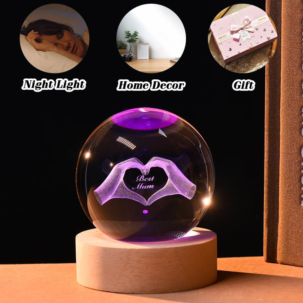 3D Fairy Crystal Ball 60mm Glass Fairy with Flower Night Light Gifts for Girl Women with Light Base